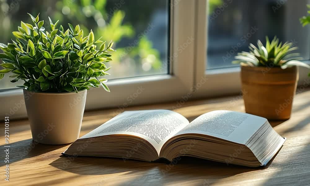 Open book on wooden table near plants with ai generated.
Open book on wooden table near plants with ai generated.