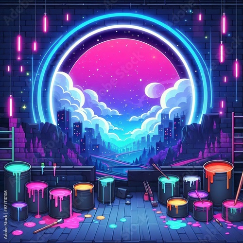 Vibrant Neon Cityscape with Paint Cans and Cosmic Sky