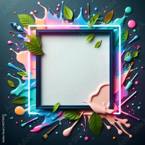 Creative Abstract Art Frame with Colorful Paint Splashes and Leaves