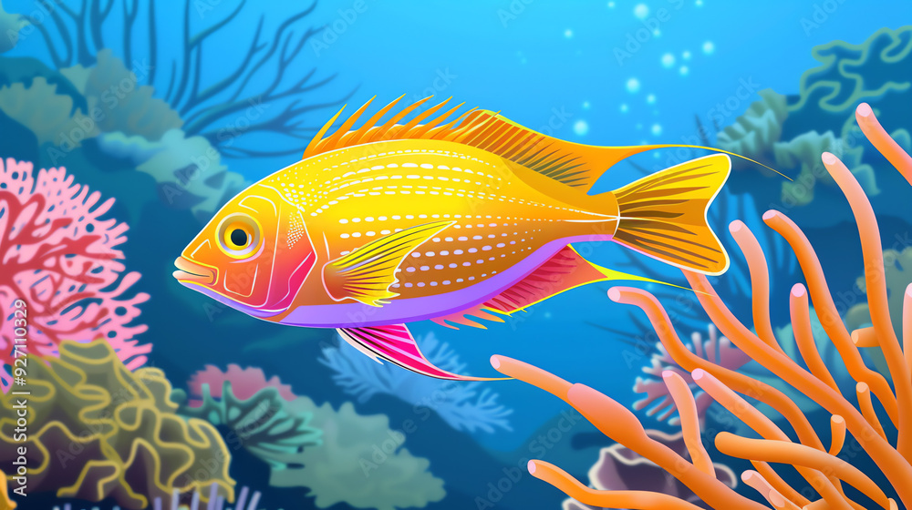 Naklejka premium a bright yellow and orange fish swimming among colorful coral reefs.