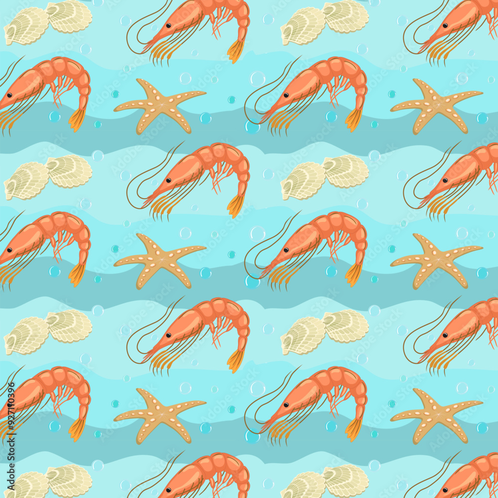 Shrimps and shells in a pattern.Vector pattern with shrimps and sea shells on a colored background. Shrimps and shells in a pattern.Vector pattern with shrimps and sea shells on a colored background.