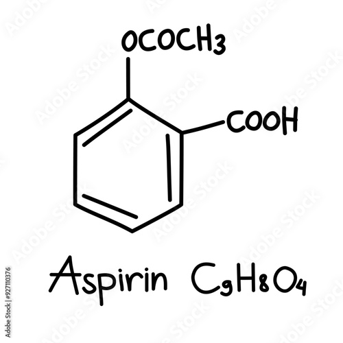 Hand drawn chemical structural formula of aspirin, also known as acetylsalicylic acid, a medical anti inflammatory drug used to reduce pain, fever, and or inflammation. Chemical formula C9H8O4.