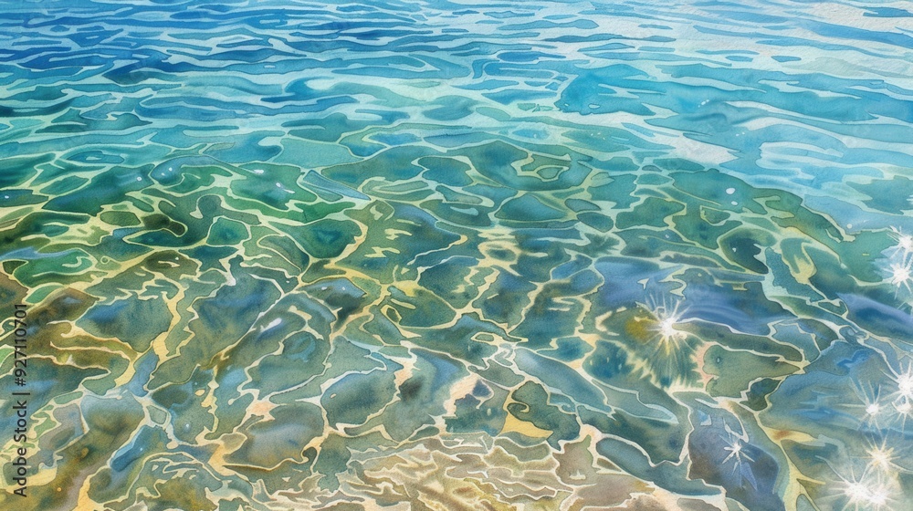 Fototapeta premium The surface of a body of water, likely an ocean or lake, shimmers with sunlight reflections. The water is a vibrant blue, with subtle shades of green and yellow visible underneath. Gentle ripples crea