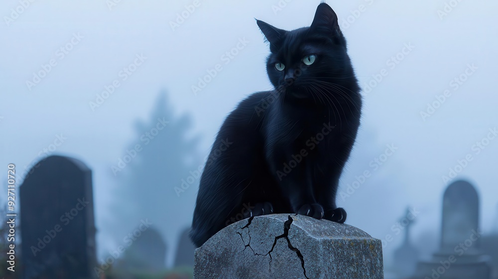 Black cat with a haunted expression, sitting on a cracked tombstone in ...
