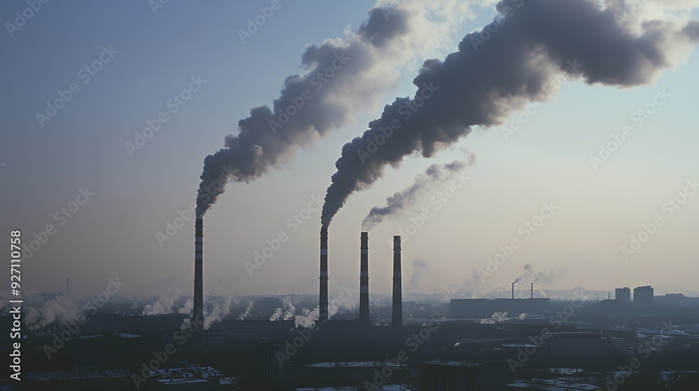 Dark smoke billows from industrial smokestacks on a hazy day. Dark smoke billows from industrial smokestacks on a hazy day.