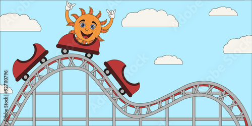 Sun character on the roller coaster. Temperature spikes. Changeable weather concept. Flat vector illustration for web forecast. Editable stroke.