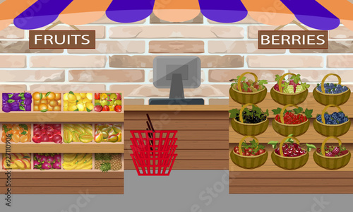 Showcases with groceries in the store.Showcases with fruits and berries in the shop premises in color vector illustration.