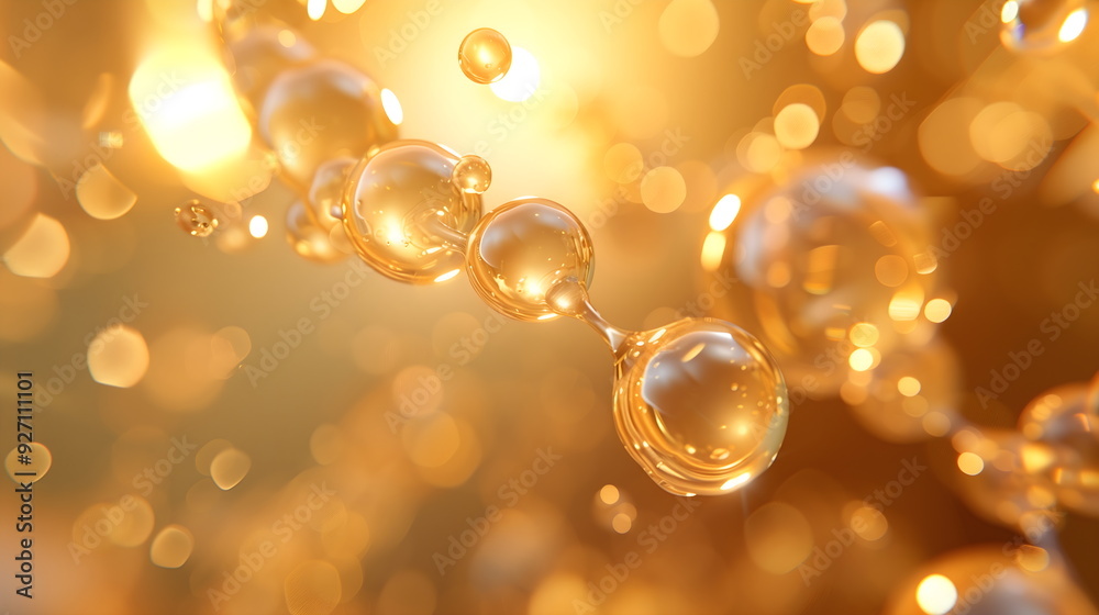 Gold molecule peptide collagen background, 3D molecular oil laboratory background, jojoba cosmetic science banner. Yellow liquid bubble, vitamin medical skin care poster beauty chemistr Gold molecule peptide collagen background, 3D molecular oil laboratory background, jojoba cosmetic science banner. Yellow liquid bubble, vitamin medical skin care poster beauty chemistr