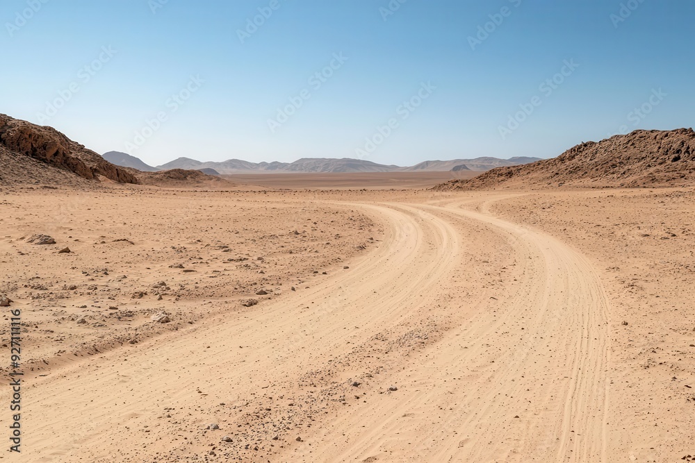 Minimalistic path through a desert landscape with symbolic gestures pointing ahead, ample copy space, Minimalistic path through a desert landscape with symbolic gestures pointing ahead, ample copy space,