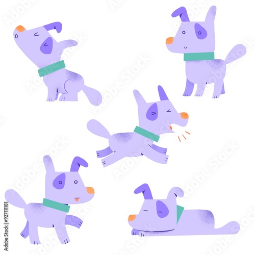 Purple Dog Cute Character Design in five different poses