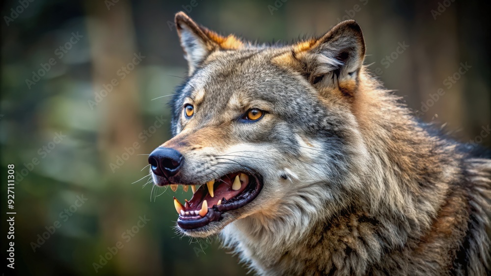 Fototapeta premium Hungry wolf with open mouth and bared teeth preparing to attack, wolf, predator, dangerous, fierce, aggressive, wild, animal
