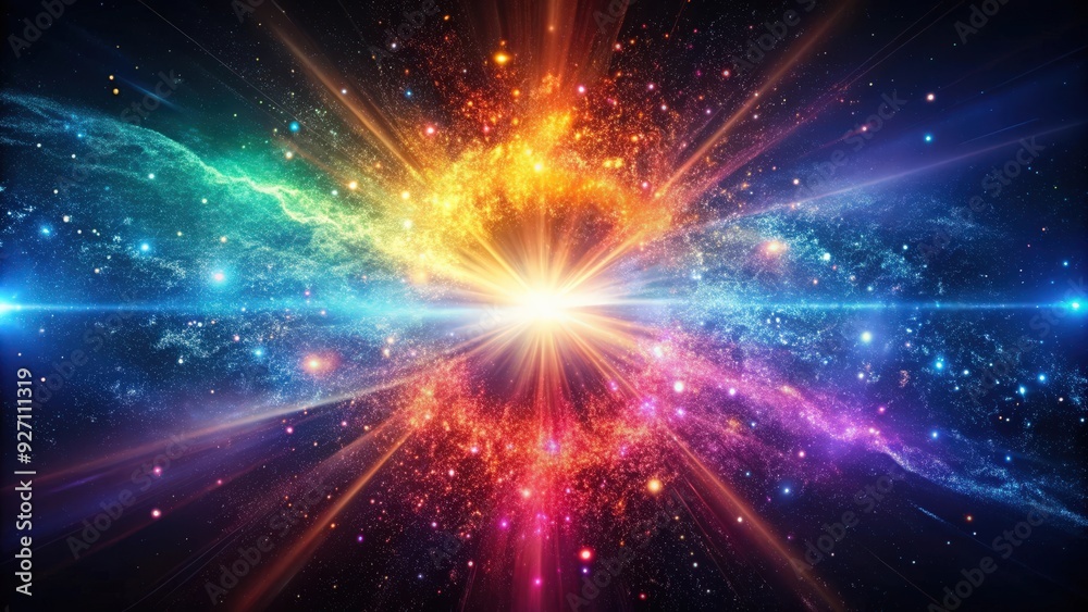 Naklejka premium Colorful shock wave of particles in outer space, VFX, graphic elements, light beam, shine, clouds, dust, nebulae