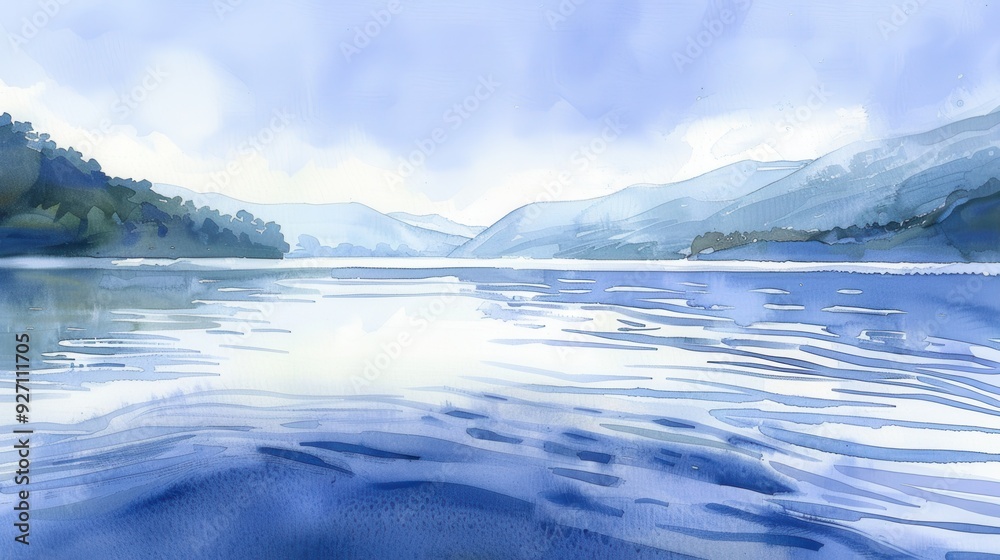 The painting depicts a calm lake with a gentle ripple on the water's surface. The lake is surrounded by forested hills in the distance, painted in muted blue hues that blend with the sky. The overall The painting depicts a calm lake with a gentle ripple on the water's surface. The lake is surrounded by forested hills in the distance, painted in muted blue hues that blend with the sky. The overall