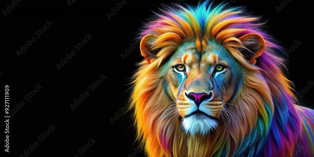 Colorful lion with vibrant mane standing out against a black background, lion, colorful, vibrant, mane, black, animal Colorful lion with vibrant mane standing out against a black background, lion, colorful, vibrant, mane, black, animal