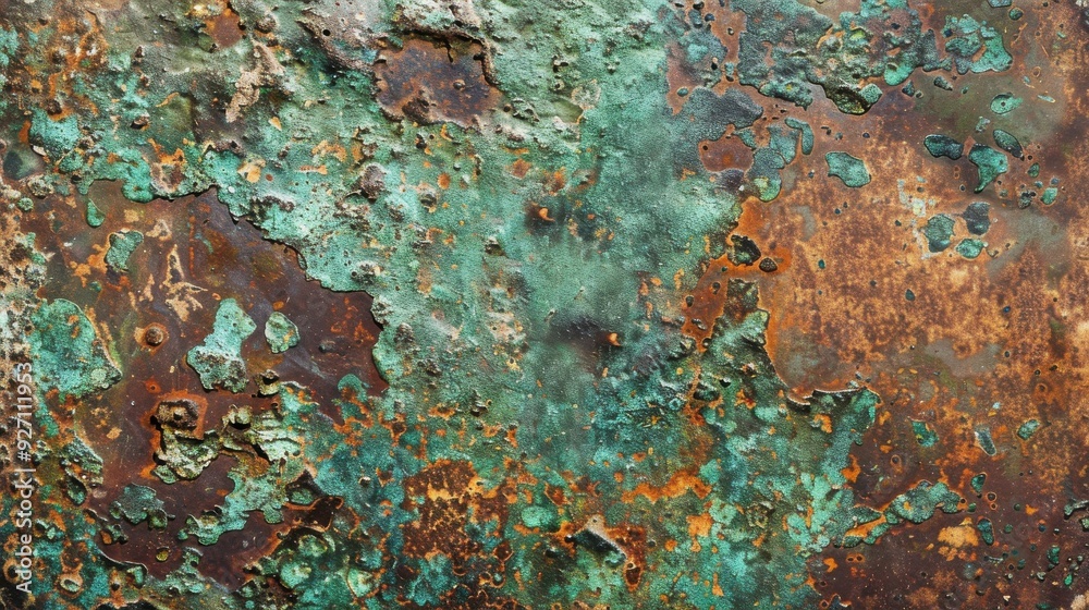 A close-up shot of a metal surface covered in rust and patina, showing an intricate pattern of green, brown, and orange hues. The metal appears to have weathered over time, leaving a textured and unev A close-up shot of a metal surface covered in rust and patina, showing an intricate pattern of green, brown, and orange hues. The metal appears to have weathered over time, leaving a textured and unev