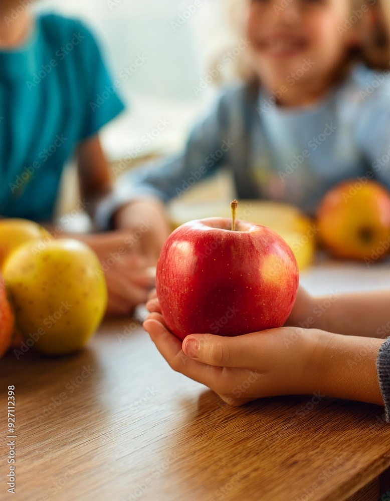 custom made wallpaper toronto digitalUn chico sujetando una crujiente manzana, junto a su famila; desayuno saludable