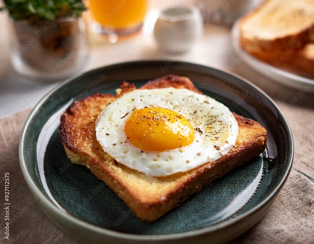 Una tostada con un apetitoso huevo frito encima; desayuno Una tostada con un apetitoso huevo frito encima; desayuno