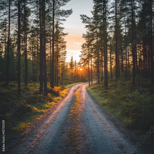 A gravel path winds through a forest at sunset, sunlight filtering through the trees.