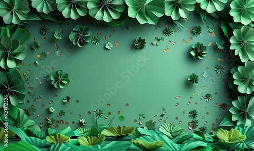 A border frame of green paper fans and confetti creates a St. Patrick�s Day banner design for flyers or party invitations. photo