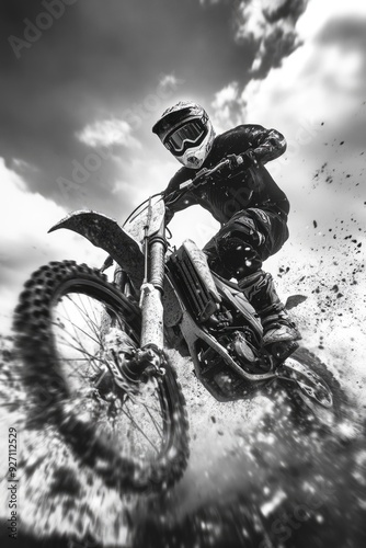 Man rides dirt bike on muddy road photo