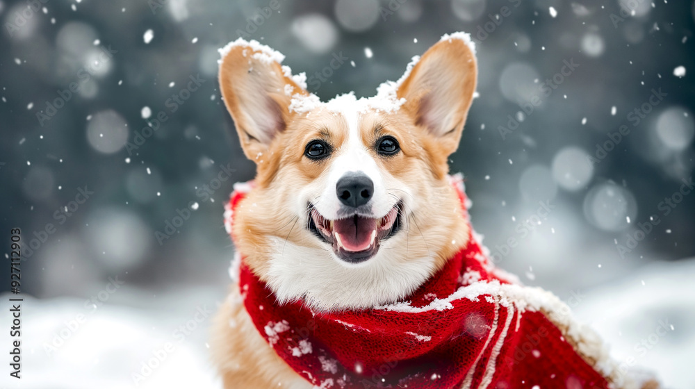 Portrait of Welsh corgi pembroke dog in christmas hat standing in snowdrift. Snowflakes in the air.