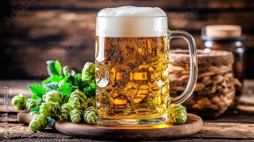 A glass of traditional German beer topped with frothy foam, accompanied by fresh hops on a wooden surface, showcasing a classic brewing culture