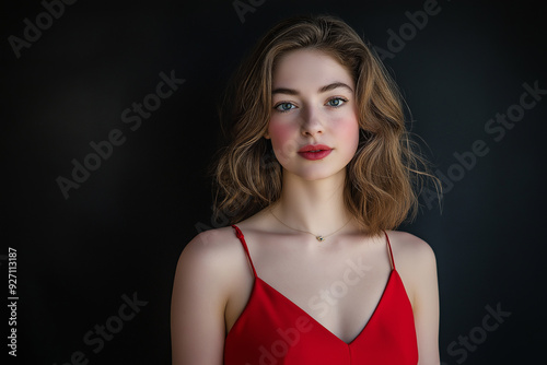 A close-up fashion portrait of a young woman in a red dress, with a dark background. The minimalist setting enhances the focus on elegance, beauty, and style.