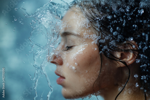 A close-up of a woman splashed with water, capturing the droplets in sharp detail as they spread across her face, conveying a refreshing and invigorating sensation.