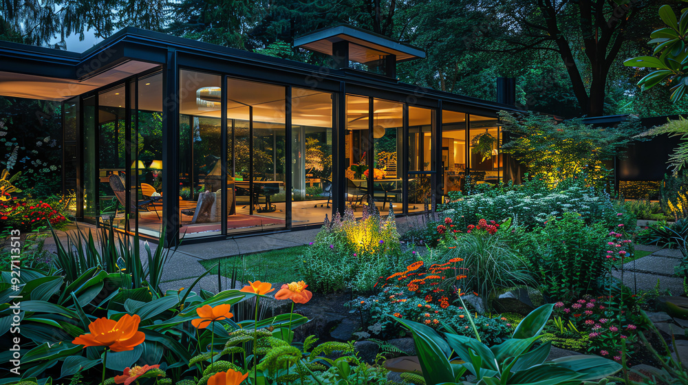 Obraz premium This is a picture of a modern house with a glass wall, surrounded by a garden with flowers and plants.