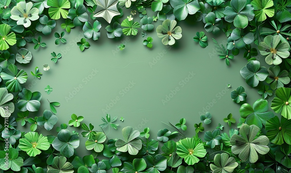 Fototapeta premium A St. Patrick�s Day banner design includes paper fans and clover leaves on a green table with an abstract minimal background.