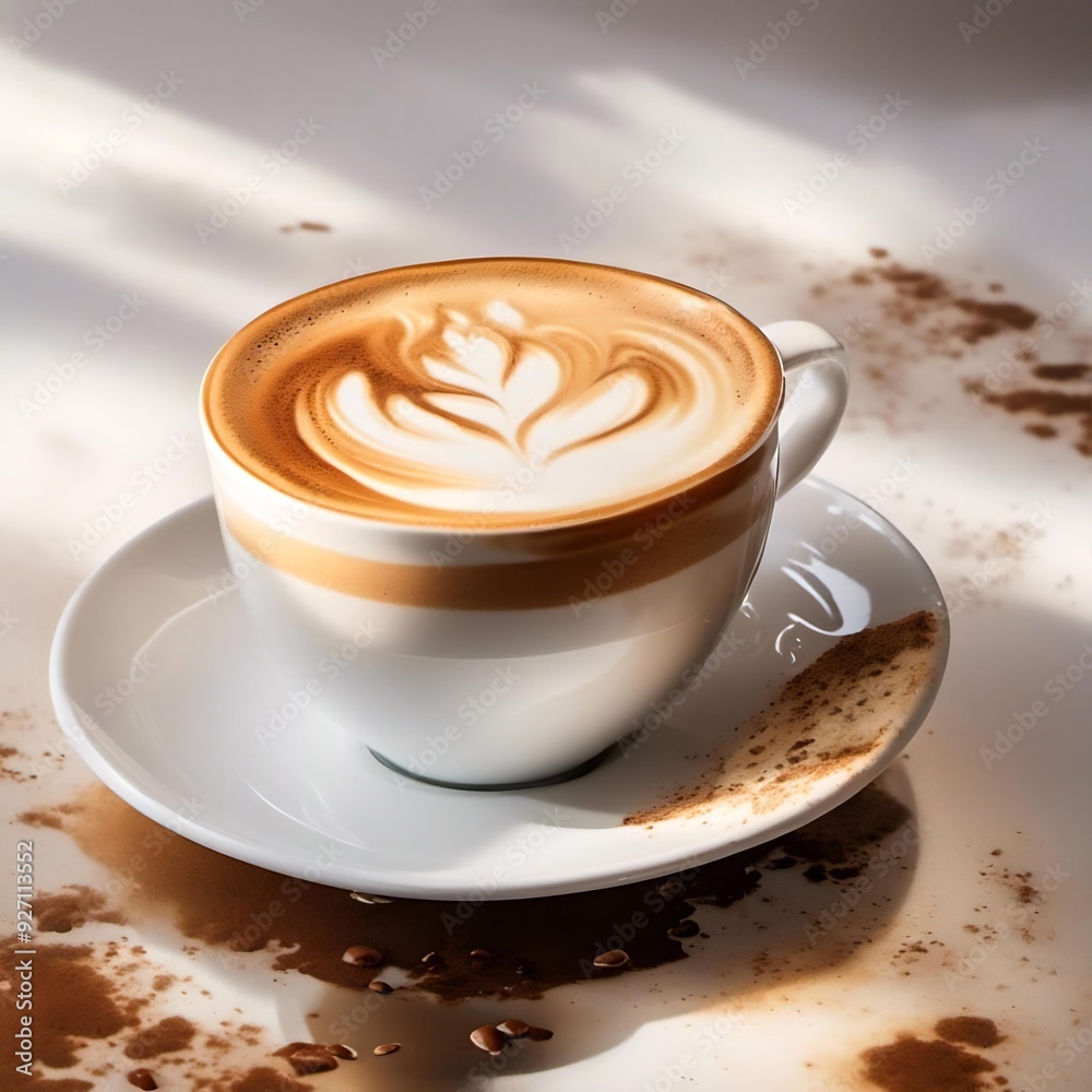 Cappuccino in a mug on a plate, decorations in coffee, caffeinated drink Cappuccino in a mug on a plate, decorations in coffee, caffeinated drink