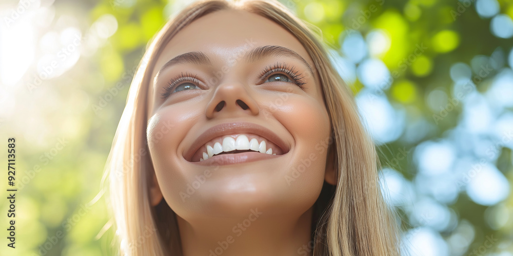 A young woman smiling radiantly outdoors, looking up towards the sunlight. The image captures a sense of happiness, optimism, and the joy of being in nature. A young woman smiling radiantly outdoors, looking up towards the sunlight. The image captures a sense of happiness, optimism, and the joy of being in nature.