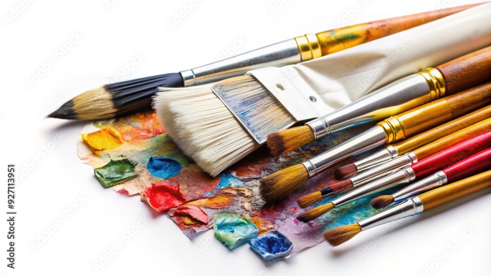 Obraz premium Oil paint tube and brushes on white background, oil paint, tube, brushes, artist, painting, creative