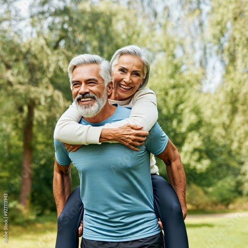 outdoor senior fitness woman man love active fun piggyback exercise healthy fit sport retirement happy adult couple mature exercising nature activity old elderly wife husband. Made by DALL·E 3. photo