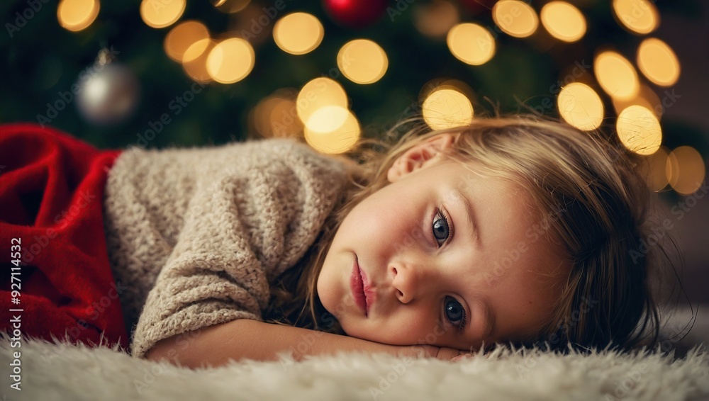 A little girl rests on top at christmas - childhood belief