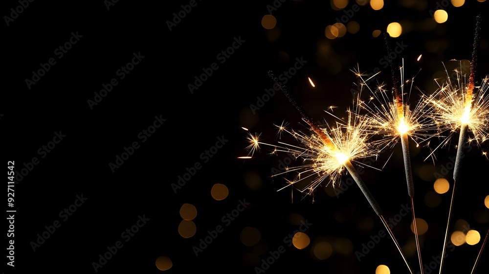 Obraz premium Festive New Year's Eve party greeting card featuring golden fireworks illuminating the dark night sky, capturing the excitement and joy of the Silvester celebration.