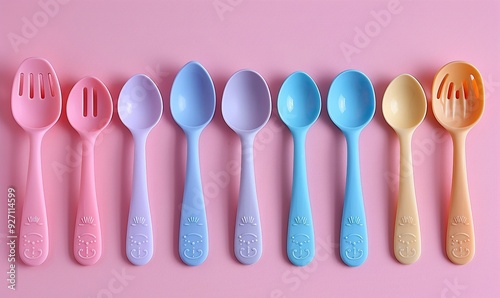 A toddlers� feeding tableware set is displayed on a pink table, shown from a flat lay top view. photo