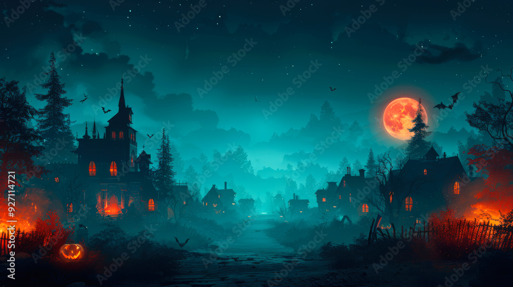 Halloween horror night. A mystical Halloween background. A dark and creepy scene with the moon in the sky. The moon is surrounded by bats and several houses. Halloween village Halloween horror night. A mystical Halloween background. A dark and creepy scene with the moon in the sky. The moon is surrounded by bats and several houses. Halloween village