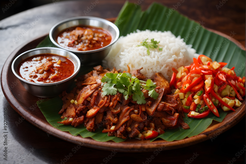 plate of dish typical Indonesian food for breakfast with sambal and chili sauce plate of dish typical Indonesian food for breakfast with sambal and chili sauce