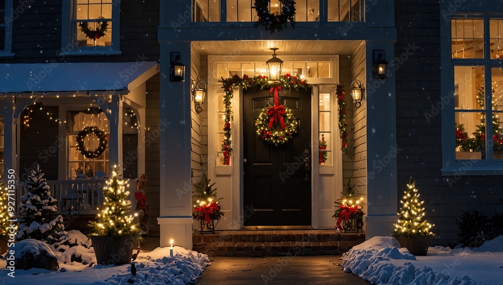 Beautiful Christmas Decorated Front Door and Porch of A House on A Winter Evening Beautiful Christmas Decorated Front Door and Porch of A House on A Winter Evening