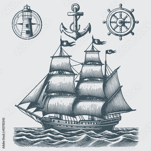 Vintage monochrome nautical elements set