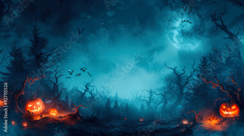 Background concept for the design of an invitation to a Halloween party. A dark dense forest with bats flying around, glowing pumpkins and the moon in the sky