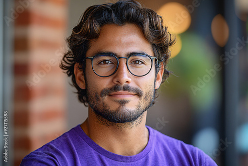 A confident young hispanic man in a purple shirt and glasses exuding professionalism and style. photo