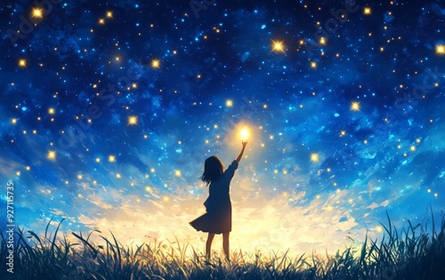 A silhouette of a girl reaching for shining stars against a dreamy night sky, symbolizing hope and endless possibilities.