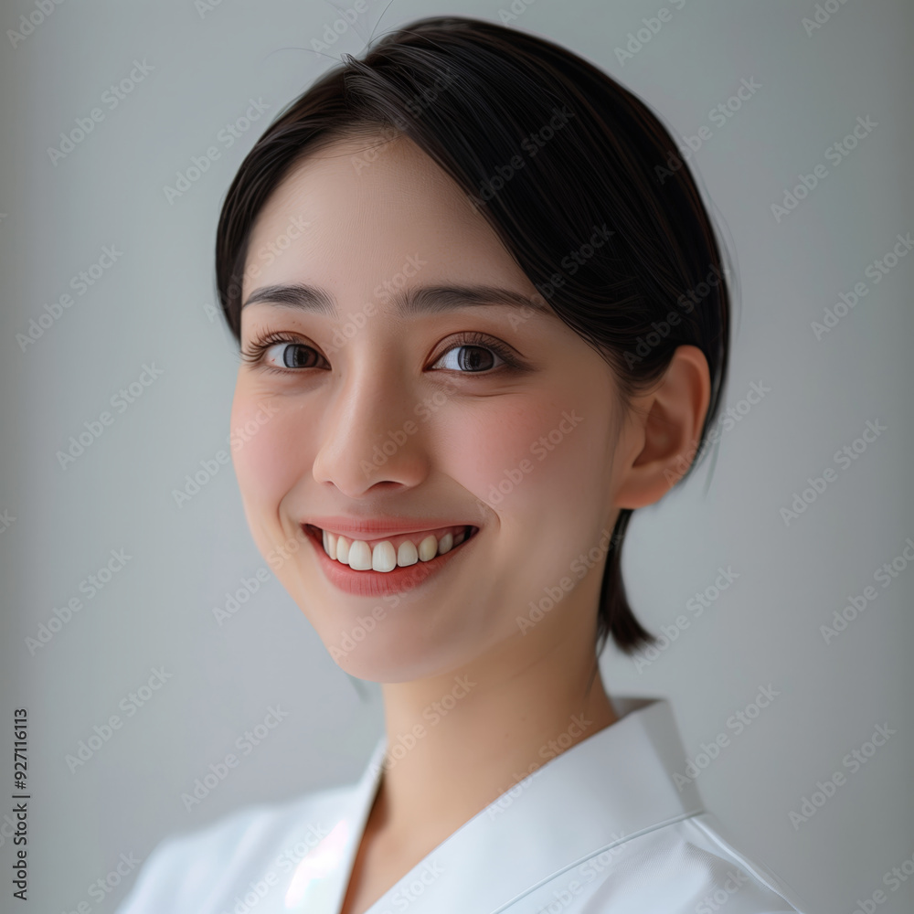 Smiling young woman with short hair and minimal makeup against a neutral background Smiling young woman with short hair and minimal makeup against a neutral background