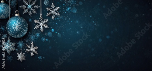 Blue christmas banner with snowflakes. Merry Christmas and Happy New Year greeting banner. Horizontal new year background
