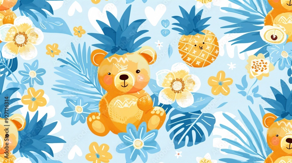 Fototapeta premium 3. Artistic seamless pattern showcasing kawaii bears in pineapple costumes, with delicate flowers and a blue and white backdrop, ideal for a fun and vibrant summer illustration