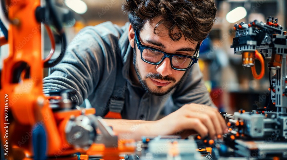 A man wearing safety glasses carefully works on a robotic arm in a factory setting