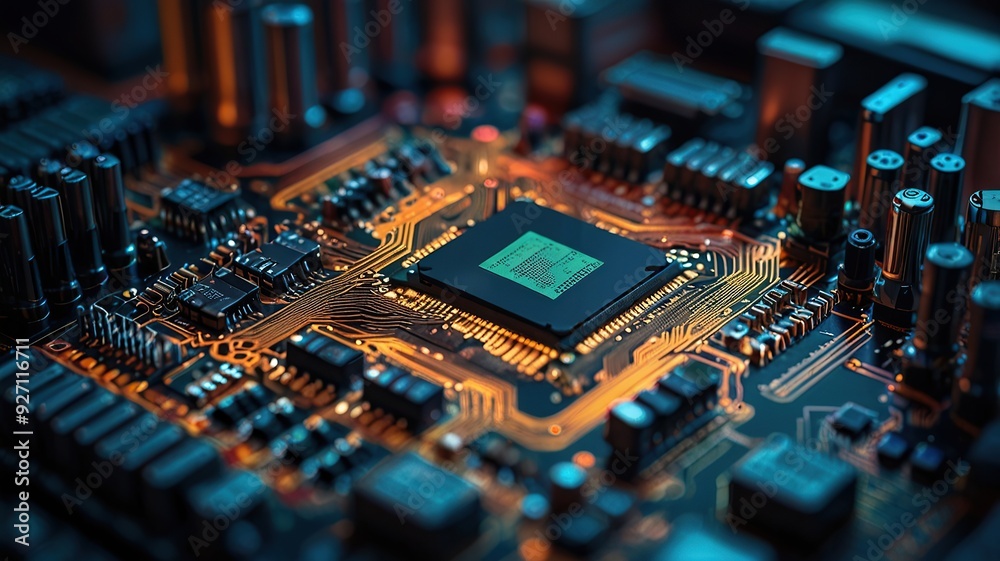 Abstract technology circuit design CPU motherboard of a computer board and processor created with Generative AI
Abstract technology circuit design CPU motherboard of a computer board and processor created with Generative AI
