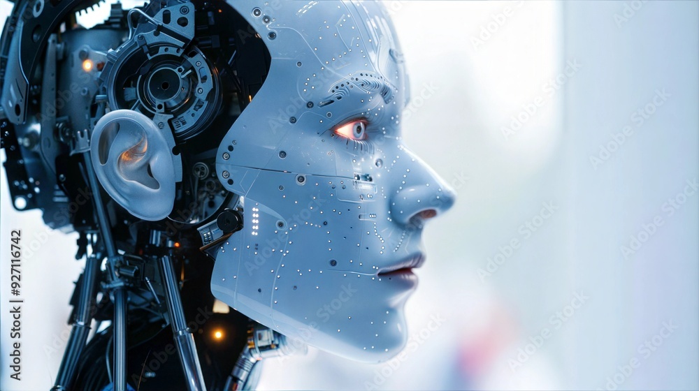 A robotic head with visible circuitry and glowing red eyes looks off to the side A robotic head with visible circuitry and glowing red eyes looks off to the side
